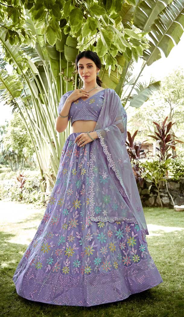 Light Lavender Silk Net Sequins Work Party Wear Lehenga Choli - 10356193584