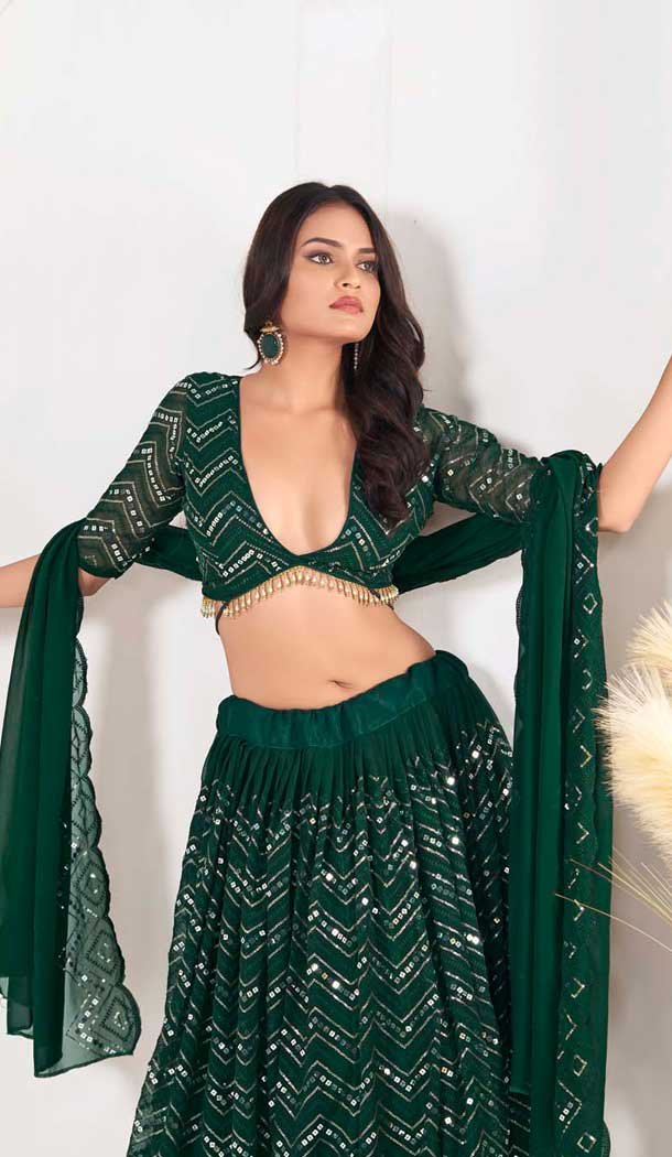 Georgette Embroidered Party Wear Lehenga Choli In Green - 10357193586