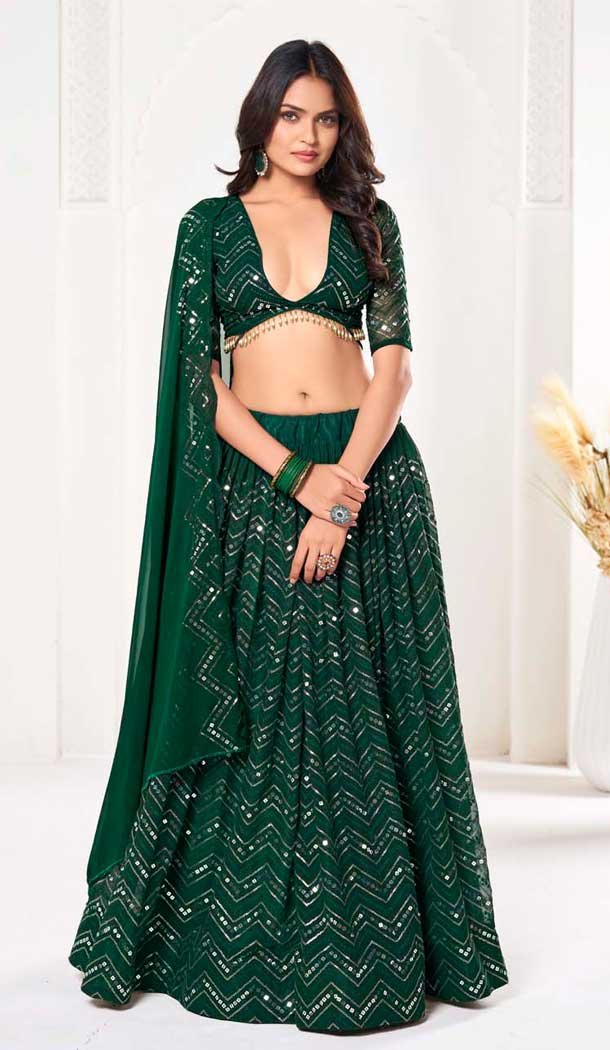 Georgette Embroidered Party Wear Lehenga Choli In Green - 10357193586