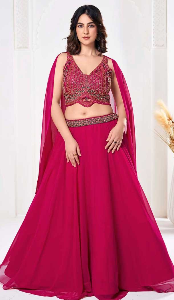 Rani Pink Georgette Embroidered Party Wear Lehenga Choli - 10357193590