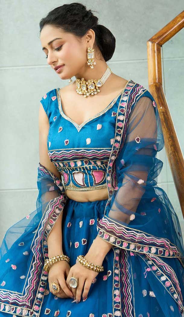 Rama Blue Net Embroidered Party Wear Lehenga Choli - 10358193593