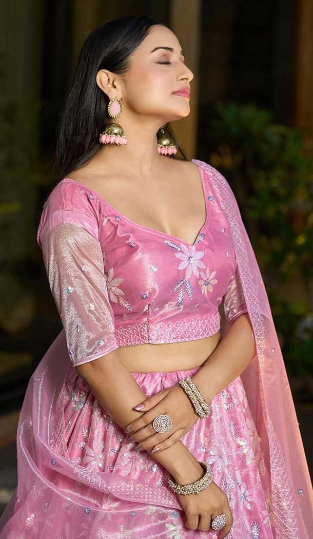 Pink Silk Net Embroidered Party Wear Lehenga Choli - 10358193594