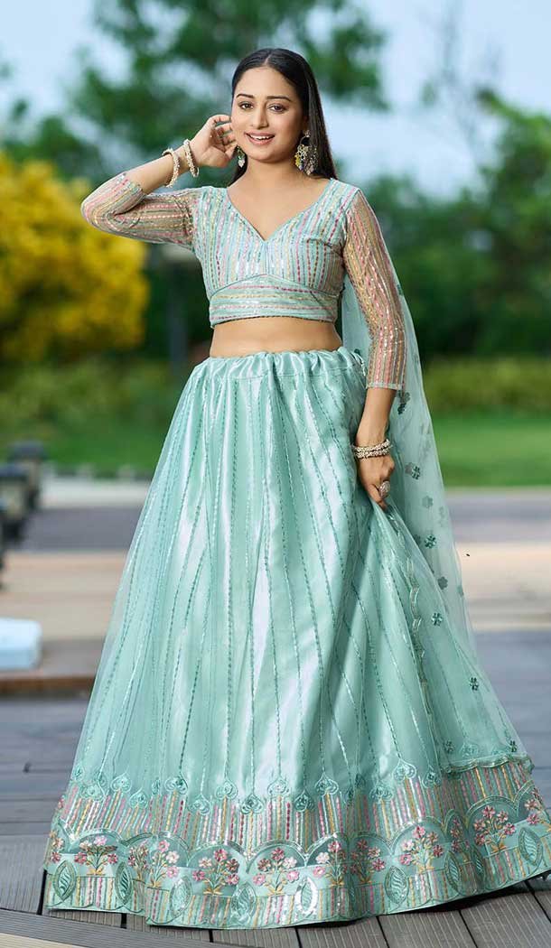 Pista Green Net Embroidered Party Wear Lehenga Choli - 10358193595
