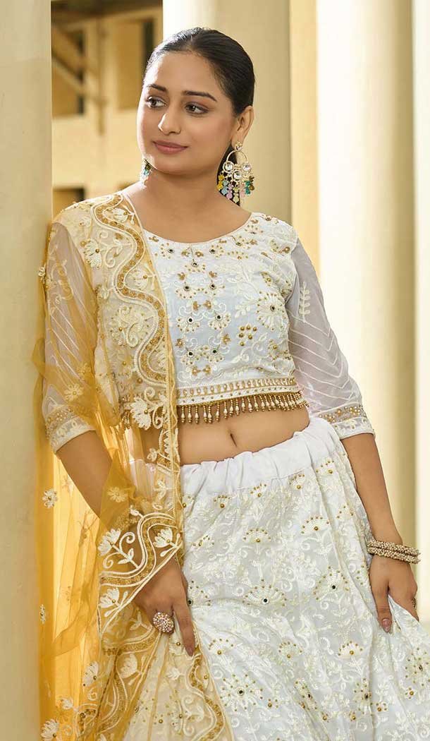White Georgette Embroidered Party Wear Lehenga Choli - 10358193597