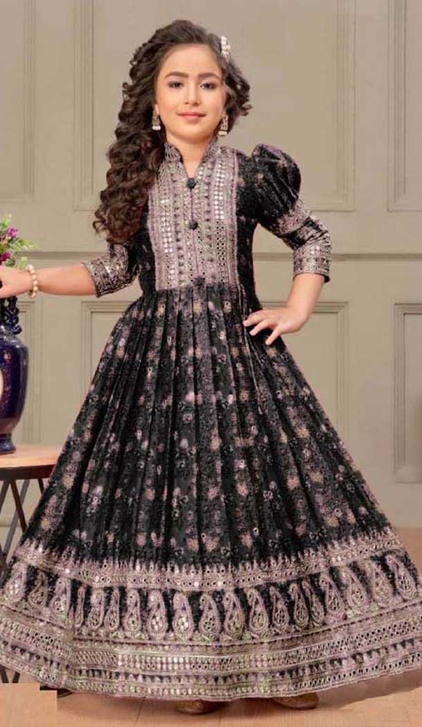 Chinon Silk Digital Print Work Designer Readymade Kids Girls Gown In Black - 10363193614