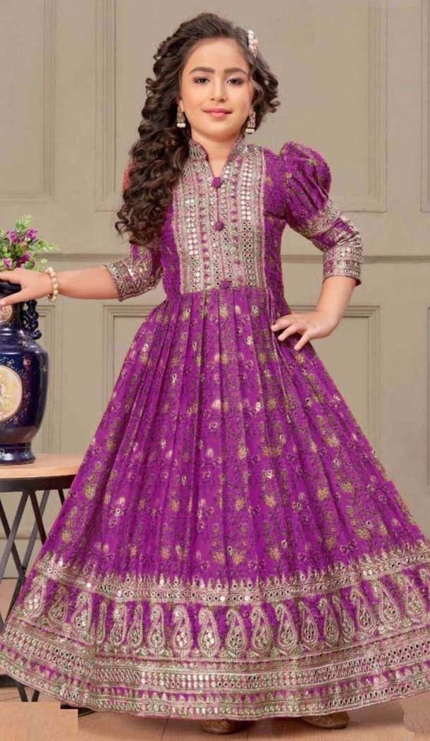 Chinon Silk Digital Print Work Designer Readymade Kids Girls Gown In Purple - 10363193617
