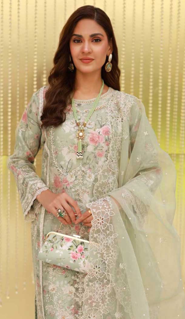 Pista Green Organza Silk Digital Printed Casual Wear Salwar Suit - 10380193671