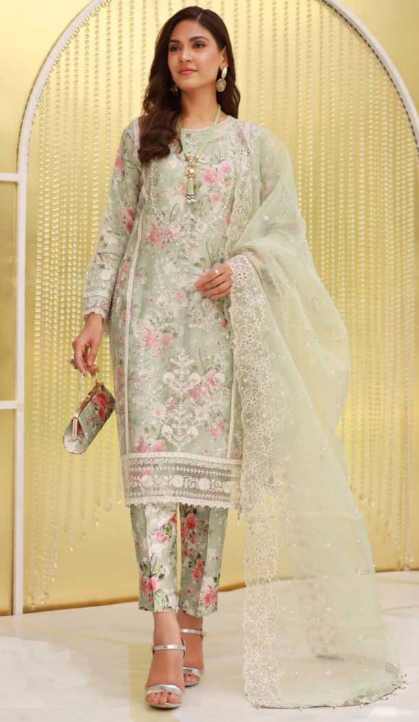 Pista Green Organza Silk Digital Printed Casual Wear Salwar Suit - 10380193671