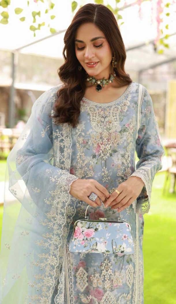 Sky Blue Organza Silk Digital Printed Casual Wear Salwar Suit - 10380193672