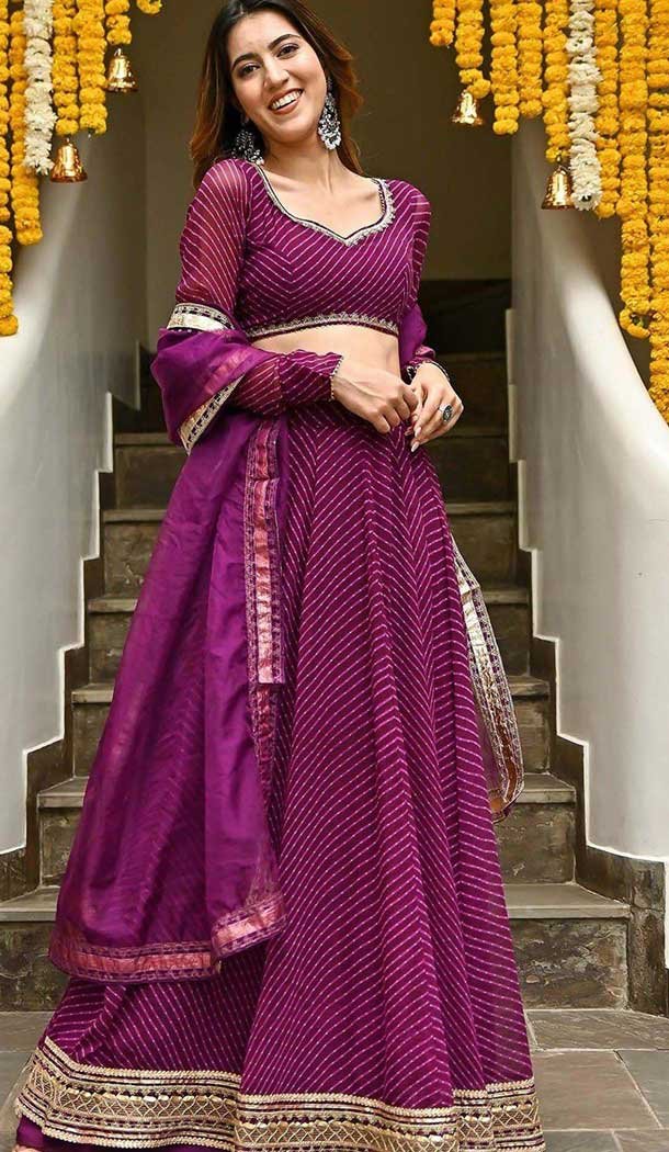 Georgette Leheriya Printed Work Party Wear Lehenga Choli In Purple - 10381193677