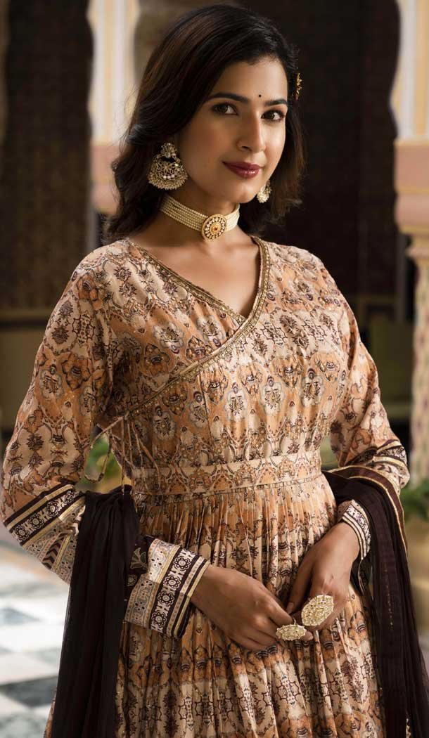 Brown Dola Silk Digital Printed Readymade Gown With Dupatta - 10382193678