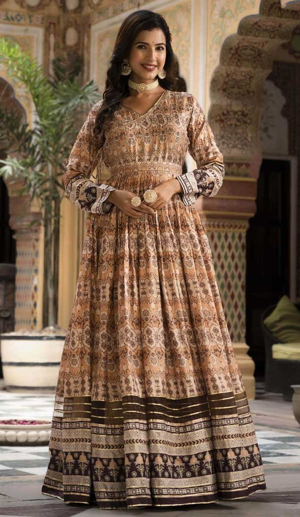 Brown Dola Silk Digital Printed Readymade Gown With Dupatta - 10382193678