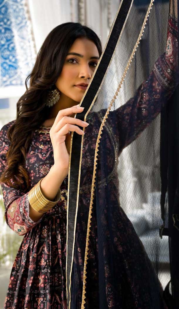 Black Dola Silk Digital Printed Readymade Gown With Dupatta - 10382193680