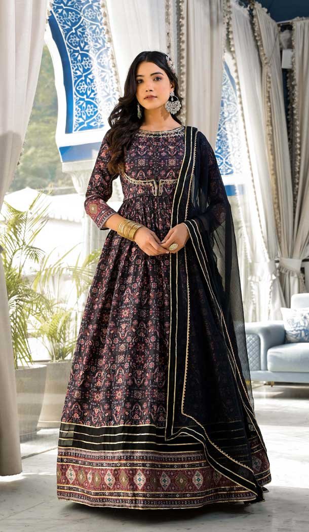 Black Dola Silk Digital Printed Readymade Gown With Dupatta - 10382193680