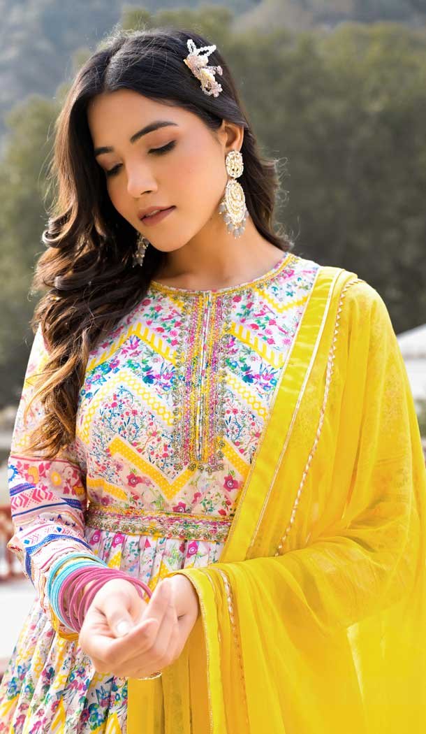 Multi Color Dola Silk Digital Printed Readymade Gown With Dupatta - 10382193681