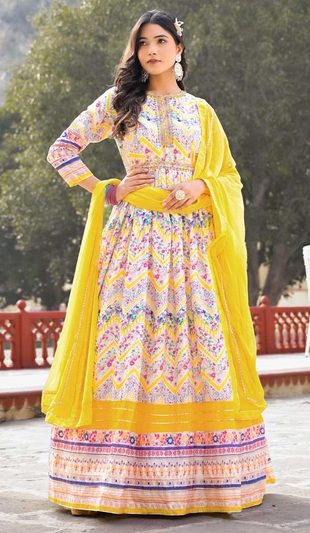 Multi Color Dola Silk Digital Printed Readymade Gown With Dupatta - 10382193681