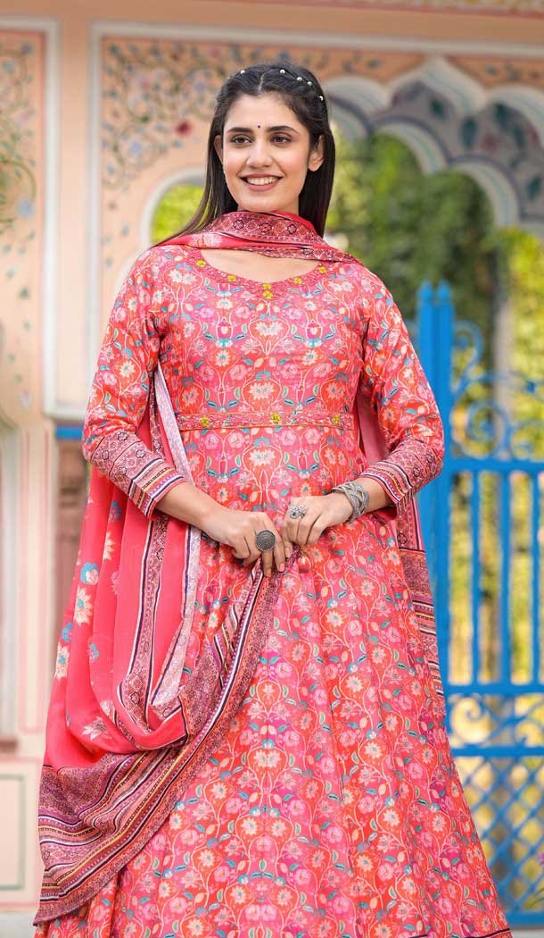 Multi Color Dola Silk Digital Printed Readymade Gown With Dupatta - 10386193697