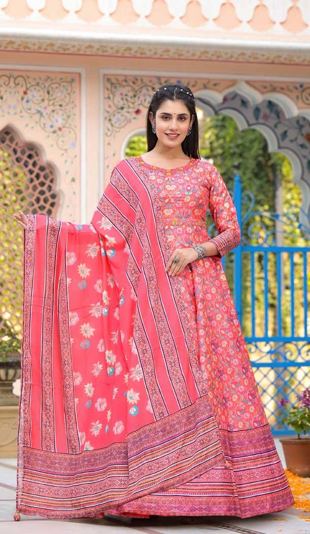 Multi Color Dola Silk Digital Printed Readymade Gown With Dupatta - 10386193697