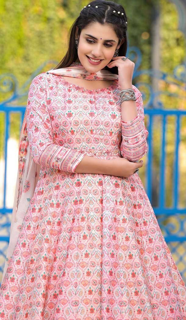 Dola Silk Digital Printed Readymade Gown With Dupatta In Multi Color - 10386193698