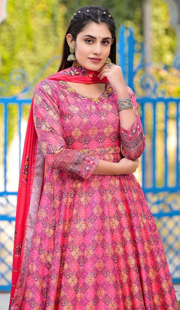 Dola Silk Multi Color Digital Printed Readymade Gown With Dupatta - 10386193699