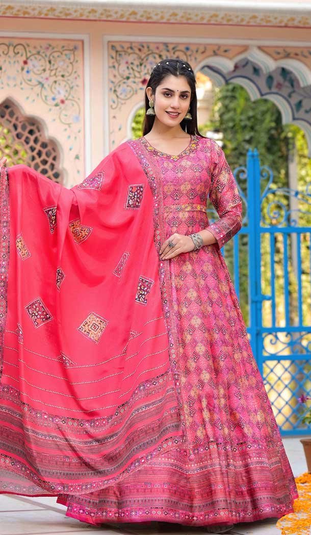 Dola Silk Multi Color Digital Printed Readymade Gown With Dupatta - 10386193699