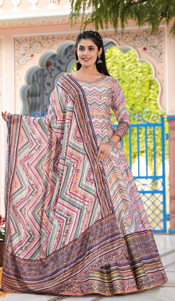 Beautiful Multi Color Dola Silk Digital Printed Readymade Gown With Dupatta - 10386193700