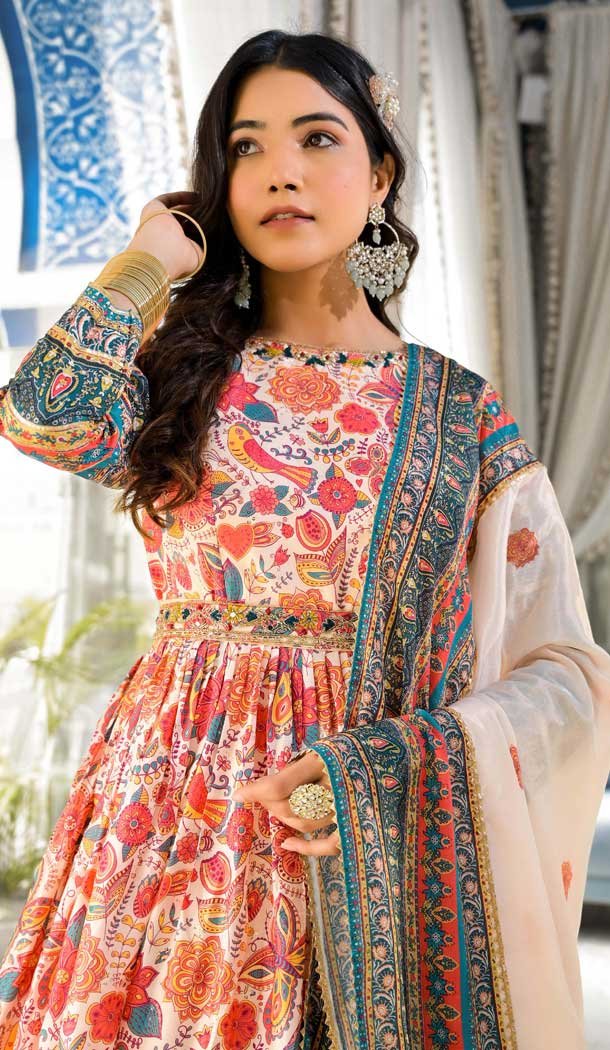 Dola Silk Hand Work Party Wear Readymade Gown With Dupatta In Multi Color - 10387193701