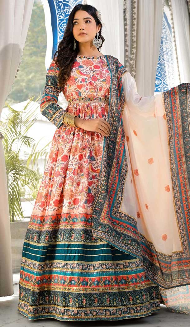 Dola Silk Hand Work Party Wear Readymade Gown With Dupatta In Multi Color - 10387193701