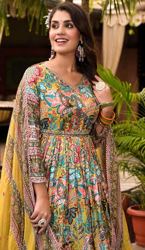 Multi Color Dola Silk Hand Work Party Wear Readymade Gown With Dupatta - 10387193702