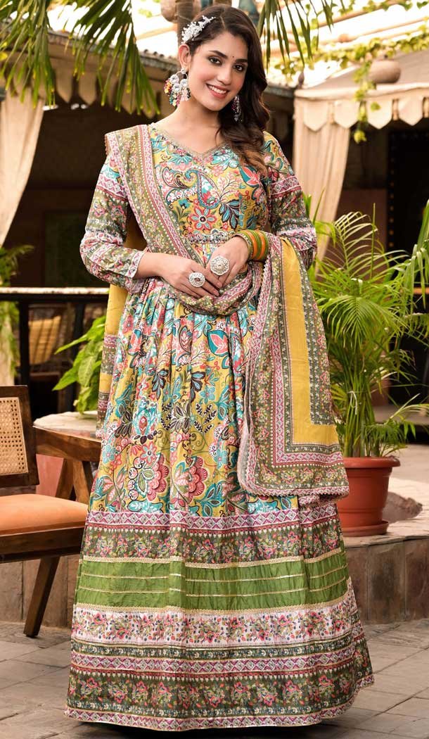 Multi Color Dola Silk Hand Work Party Wear Readymade Gown With Dupatta - 10387193702