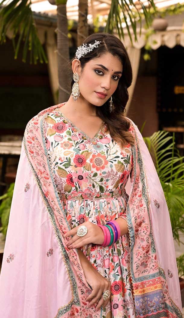 Dola Silk Multi Color Hand Work Party Wear Readymade Gown With Dupatta - 10387193703