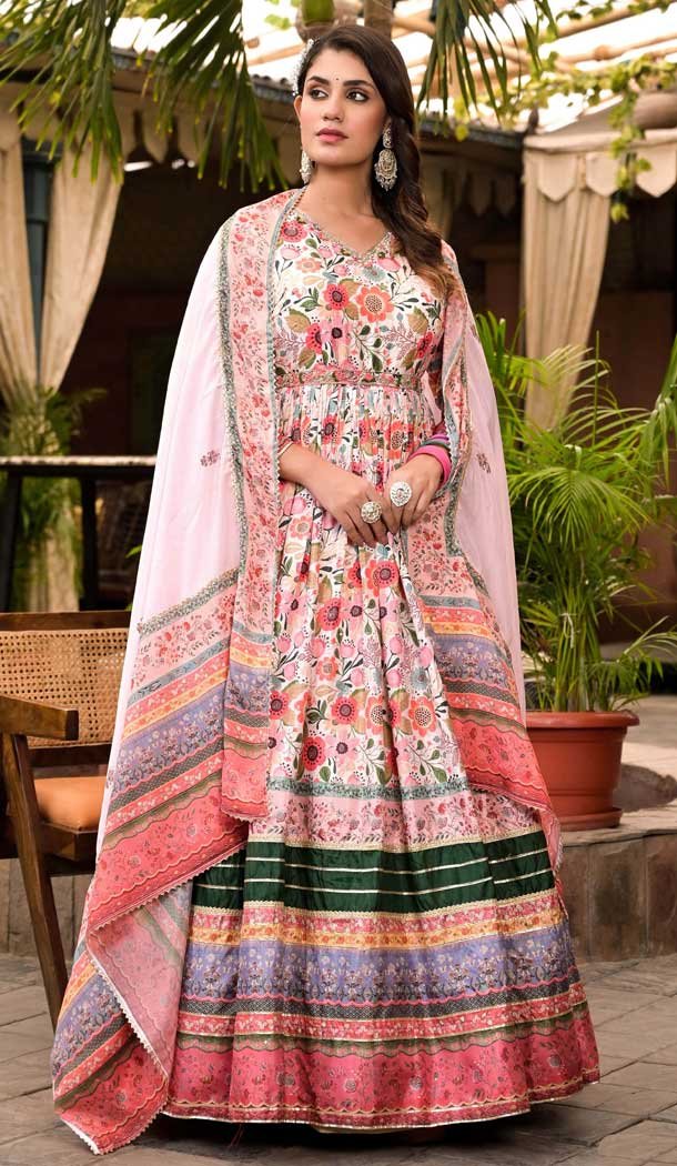 Dola Silk Multi Color Hand Work Party Wear Readymade Gown With Dupatta - 10387193703