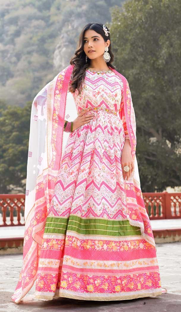 Dola Silk Hand Work Multi Color Party Wear Readymade Gown With Dupatta - 10387193704