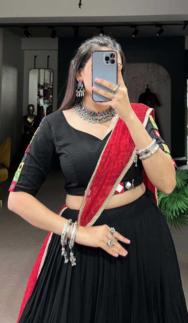 Black Rayon Plain Garba Wear Lehenga Choli - 10396193775