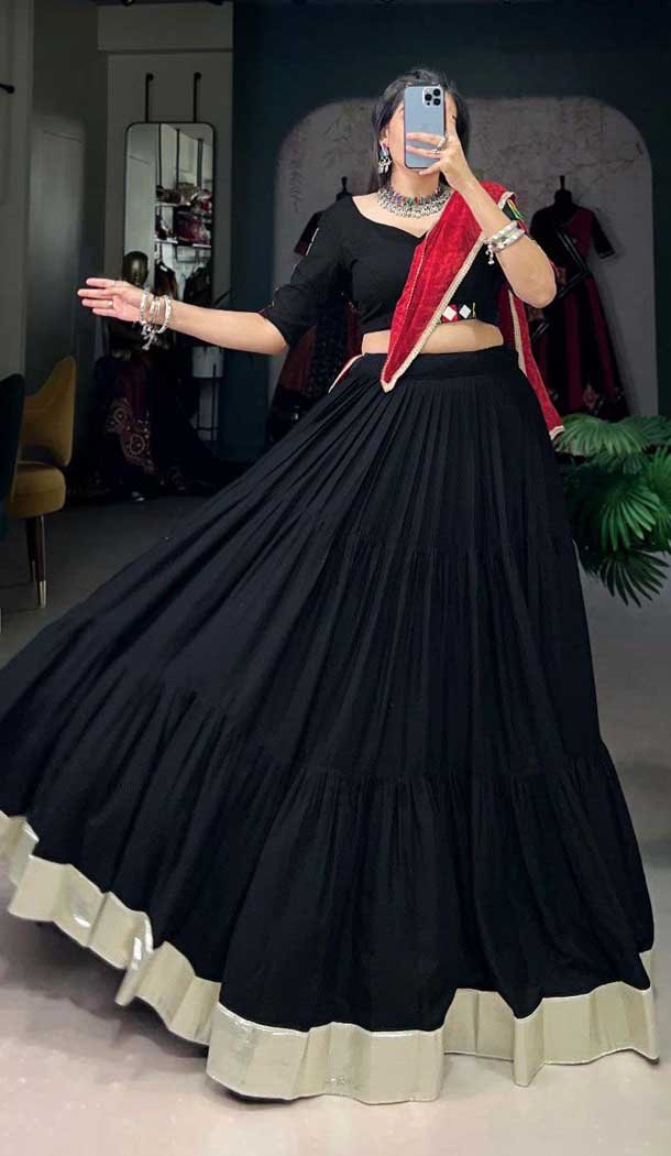 Black Rayon Plain Garba Wear Lehenga Choli - 10396193775
