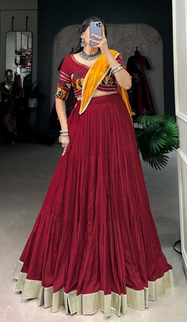 Maroon Rayon Plain Garba Wear Lehenga Choli - 10396193776