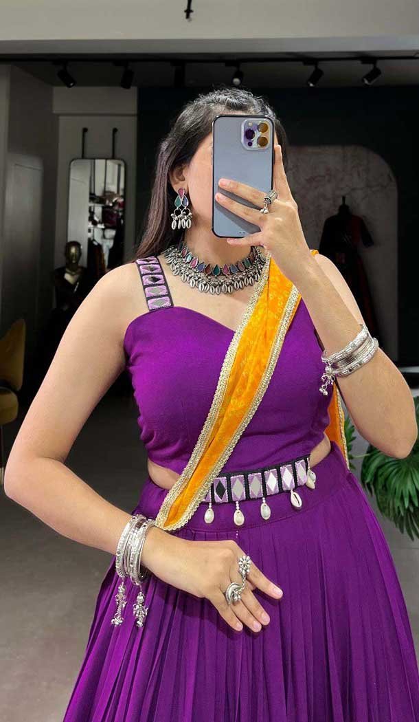 Purple Rayon Plain Garba Wear Lehenga Choli - 10396193777