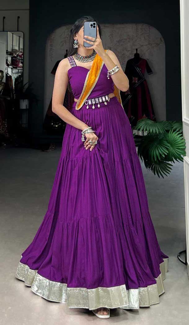 Purple Rayon Plain Garba Wear Lehenga Choli - 10396193777