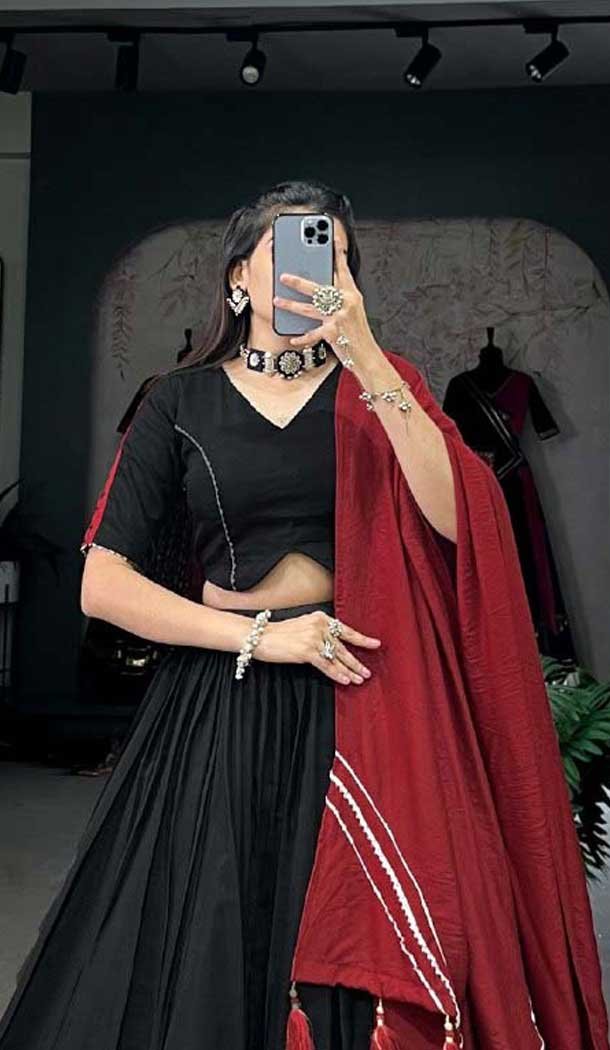 Black Polester Viscose Chanderi Plain Garba Wear Lehenga Choli - 10396193778