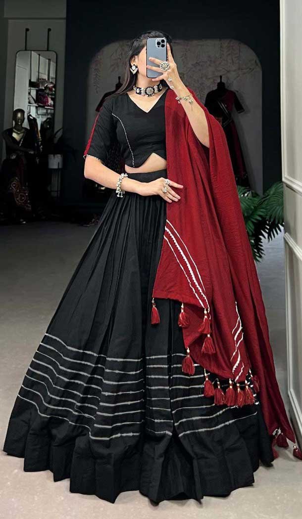 Black Polester Viscose Chanderi Plain Garba Wear Lehenga Choli - 10396193778
