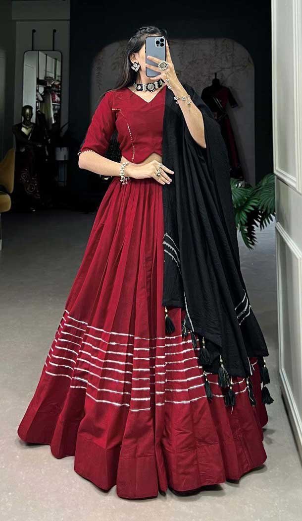 Maroon Polester Viscose Chanderi Plain Garba Wear Lehenga Choli - 10396193779