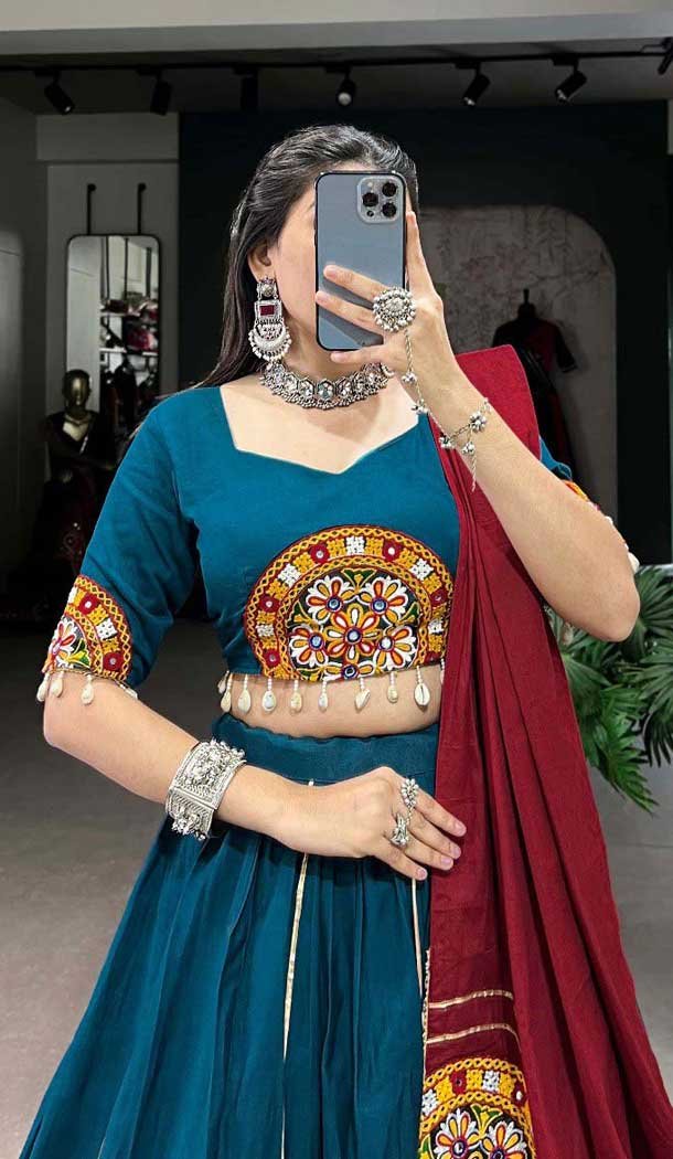 Multi Color Pure Cotton Gamthi Work Garba Wear Lehenga Choli - 10396193780