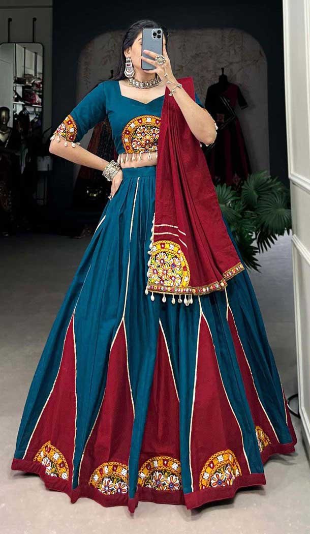 Multi Color Pure Cotton Gamthi Work Garba Wear Lehenga Choli - 10396193780