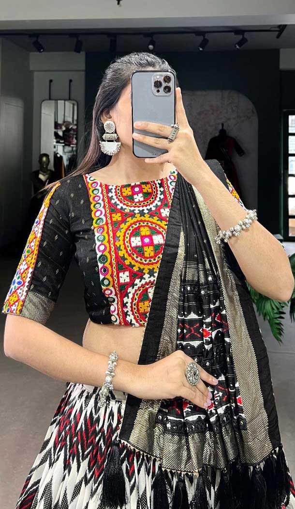 Multi Color Tussar Silk Digital Print Work Garba Wear Lehenga Choli - 10396193781