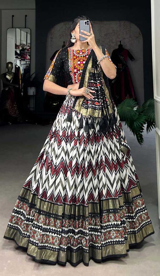 Multi Color Tussar Silk Digital Print Work Garba Wear Lehenga Choli - 10396193781