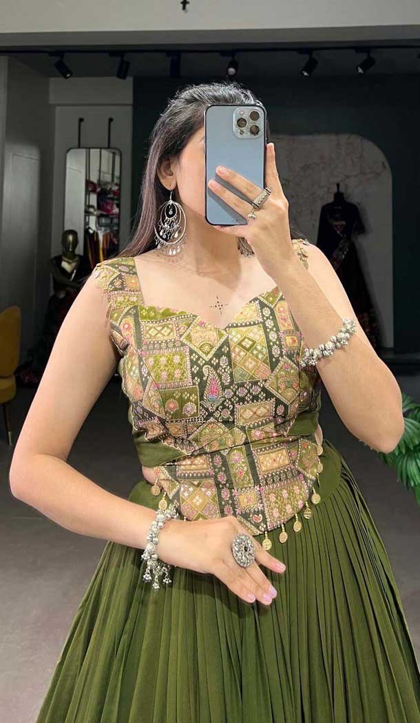 Mehendi Green Rayon Plain Garba Wear Lehenga Choli - 10396193782