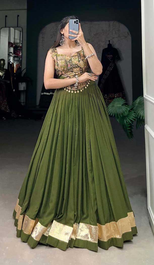 Mehendi Green Rayon Plain Garba Wear Lehenga Choli - 10396193782