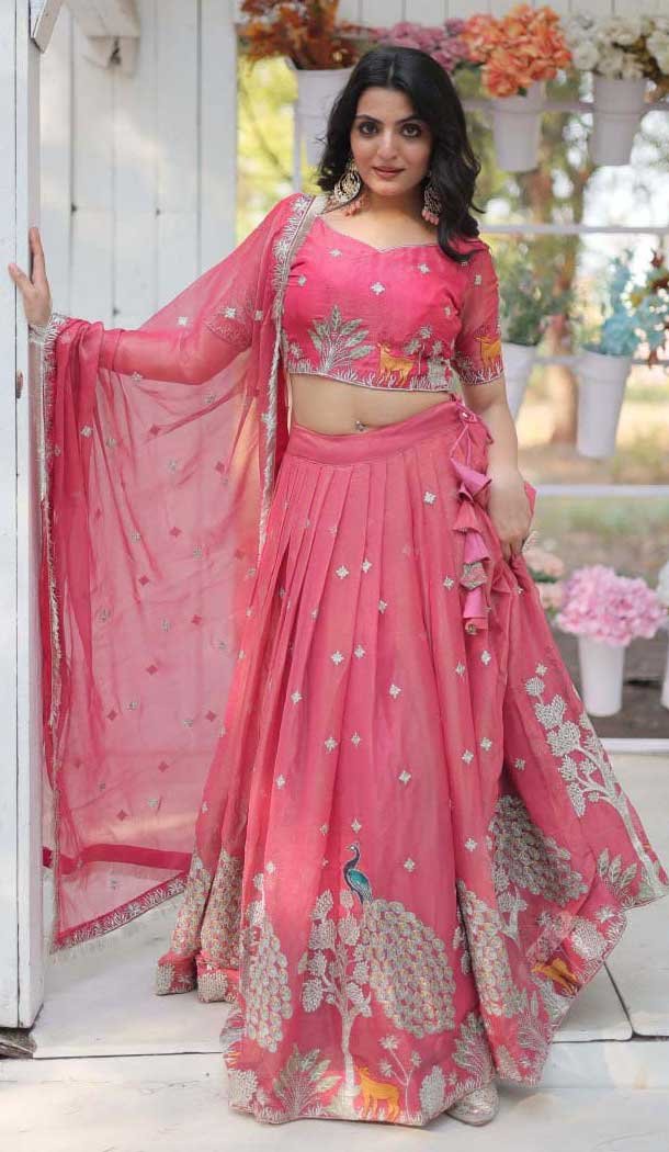 Gold Coin Embroidered Designer Wear Lehenga Choli In Pink - 10397193783