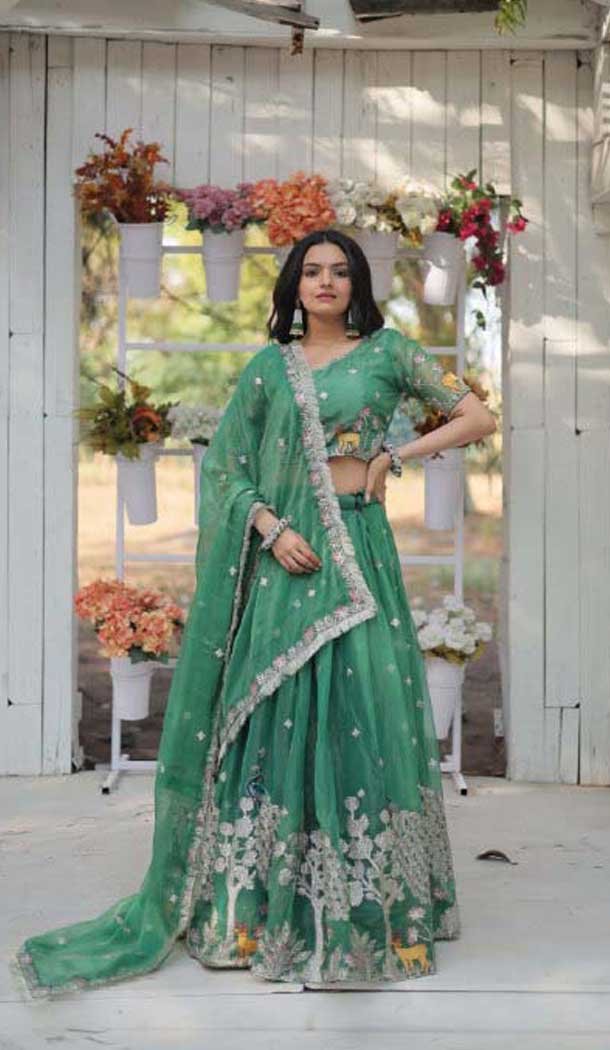 Gold Coin Embroidered Designer Wear Lehenga Choli In Sea Green - 10397193784