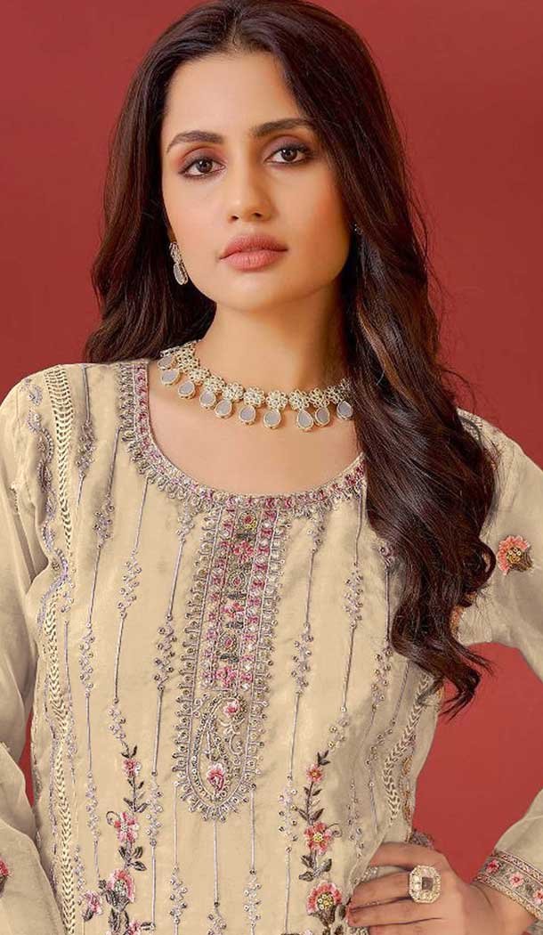 Cream Organza Embroidered Pakistani Style Salwar Kameez - 10412193845